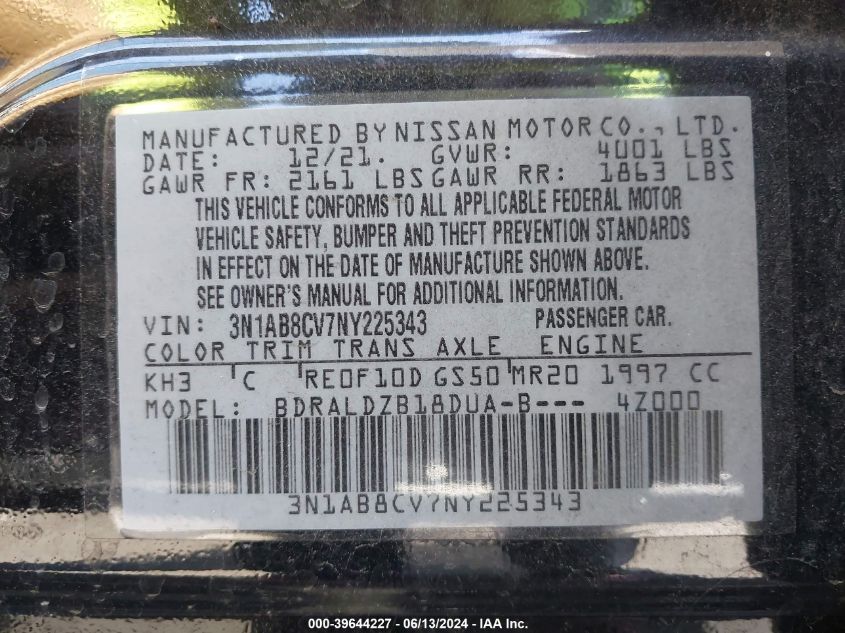 2022 Nissan Sentra Sv Xtronic Cvt VIN: 3N1AB8CV7NY225343 Lot: 39644227