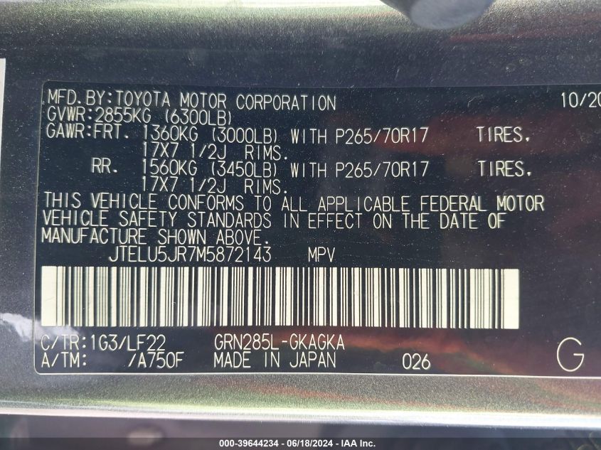 2021 Toyota 4Runner Trd Pro VIN: JTELU5JR7M5872143 Lot: 39644234