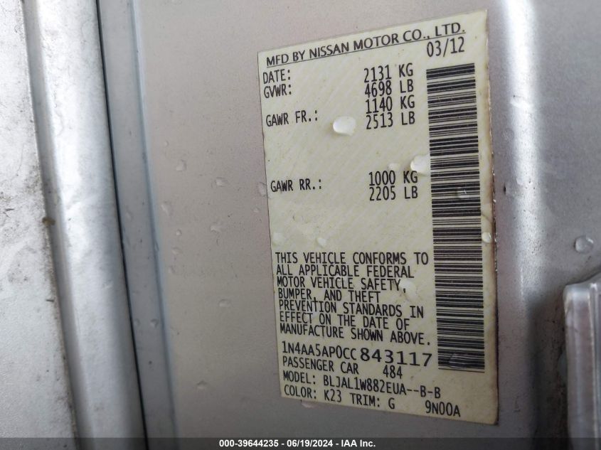 2012 Nissan Maxima 3.5 Sv VIN: 1N4AA5AP0CC843117 Lot: 39644235