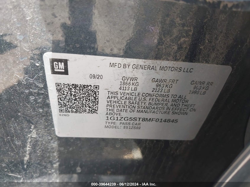 2021 Chevrolet Malibu Fwd Rs VIN: 1G1ZG5ST8MF014845 Lot: 39644239