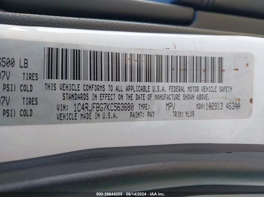 2019 Jeep Grand Cherokee Limited X 4X4 VIN: 1C4RJFBG7KC563680 Lot: 39644255