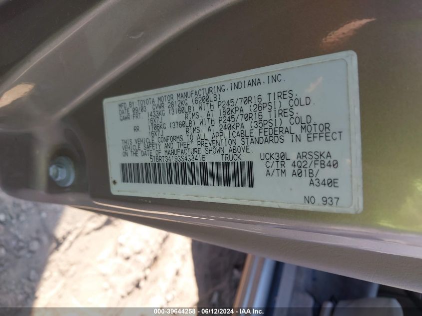 2003 Toyota Tundra Sr5 V8 VIN: 5TBRT34193S438416 Lot: 39644258