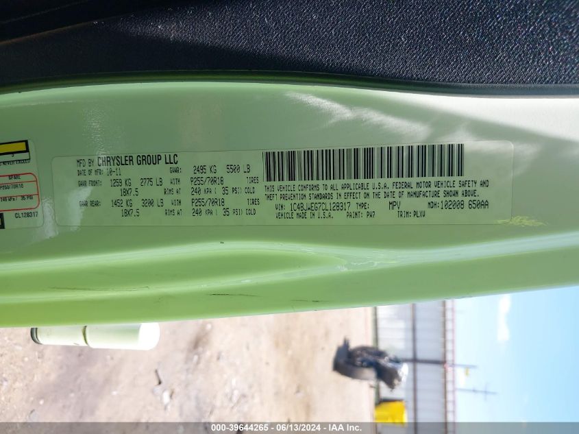 2012 Jeep Wrangler Unlimited Sahara VIN: 1C4BJWEG7CL128317 Lot: 39644265