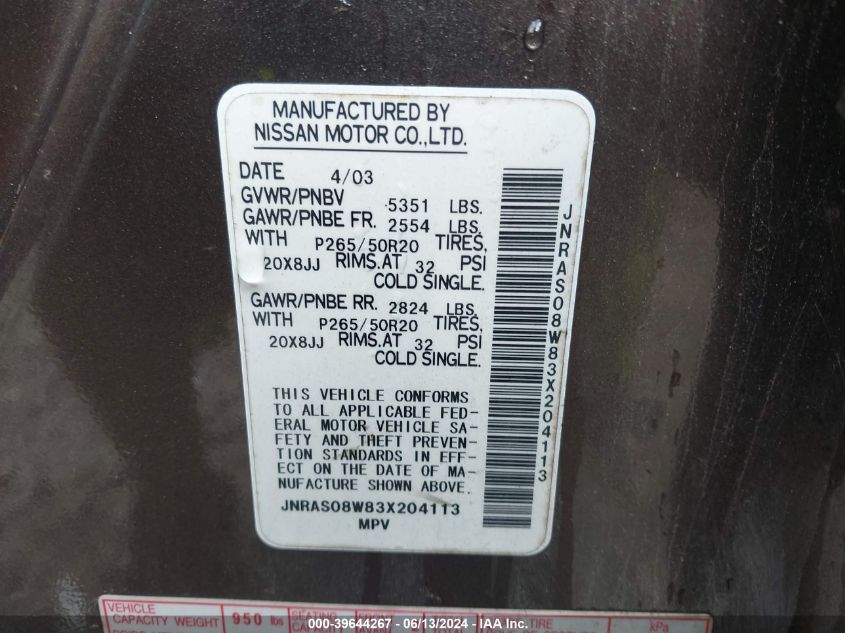 2003 Infiniti Fx35 VIN: JNRAS08W83X204113 Lot: 39644267