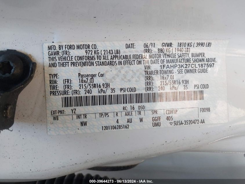 2012 Ford Focus Se VIN: 1FAHP3K27CL187597 Lot: 39644273