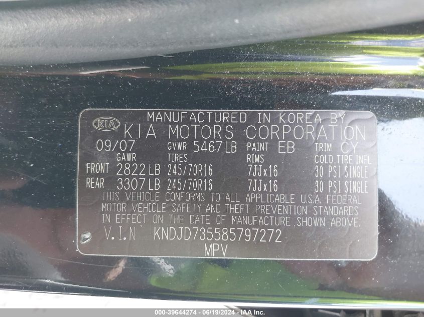 2008 Kia Sorento Lx VIN: KNDJD735585797272 Lot: 39644274