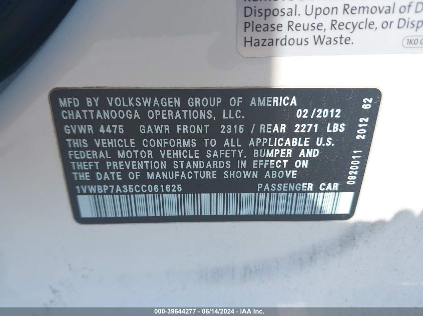 2012 Volkswagen Passat 2.5L Se VIN: 1VWBP7A35CC061625 Lot: 39644277