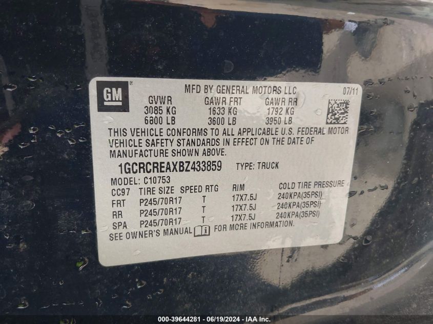 2011 Chevrolet Silverado 1500 Ls VIN: 1GCRCREAXBZ433859 Lot: 39644281