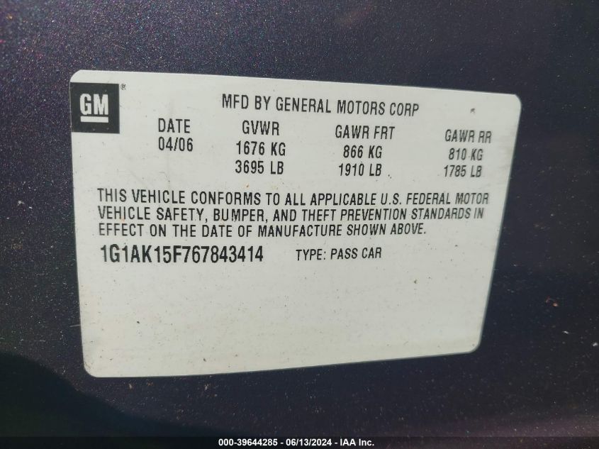 2006 Chevrolet Cobalt Ls VIN: 1G1AK15F767843414 Lot: 39644285