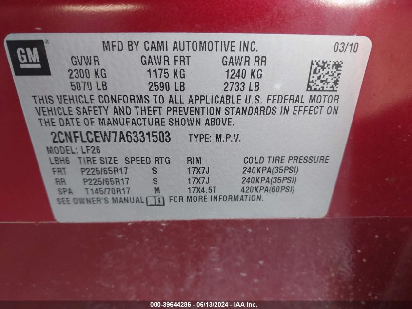 2010 Chevrolet Equinox Ls VIN: 2CNFLCEW7A6331503 Lot: 39644286