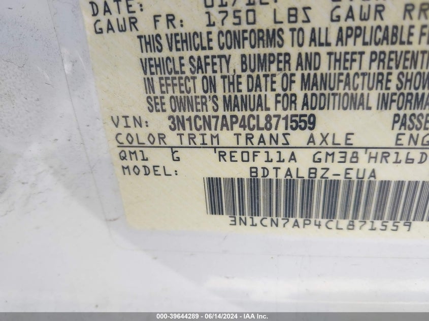 2012 Nissan Versa 1.6 Sv VIN: 3N1CN7AP4CL871559 Lot: 39644289