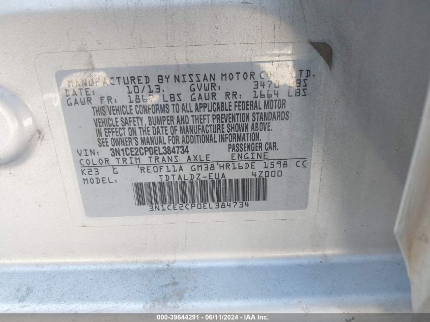 2014 Nissan Versa Note Sv VIN: 3N1CE2CP0EL384734 Lot: 39644291