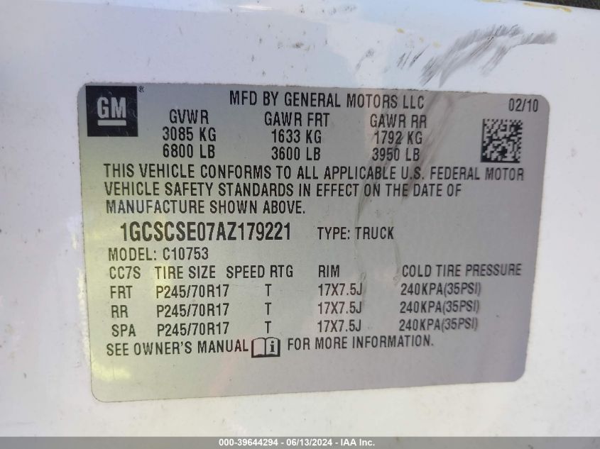 2010 Chevrolet Silverado 1500 Lt VIN: 1GCSCSE07AZ179221 Lot: 39644294