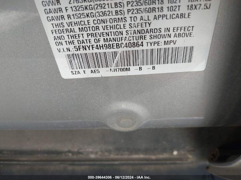 2014 Honda Pilot Touring VIN: 5FNYF4H98EB040864 Lot: 39644306