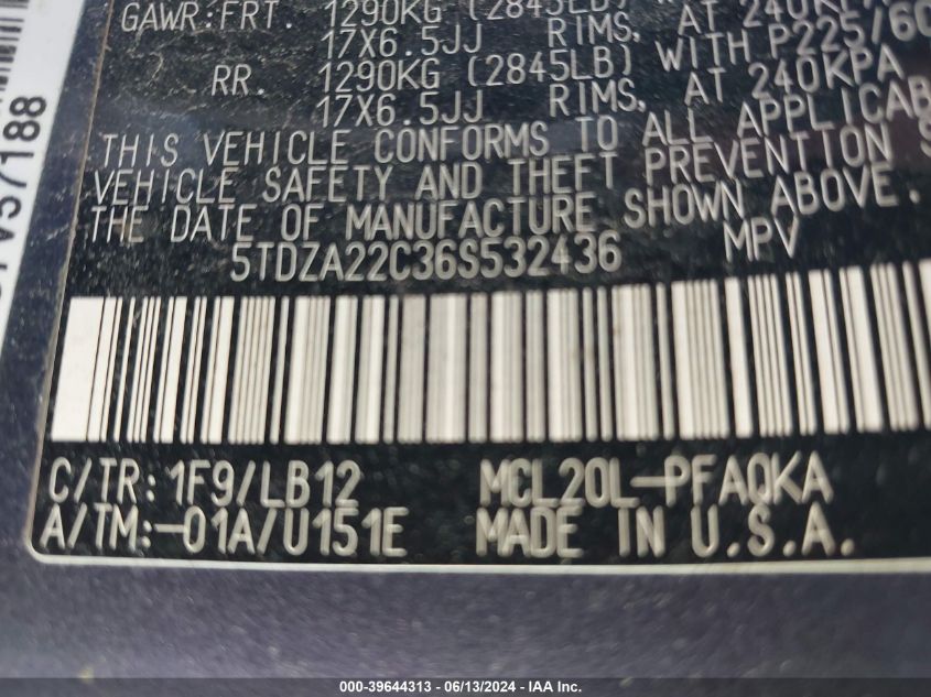 2006 Toyota Sienna Xle VIN: 5TDZA22C36S532436 Lot: 39644313