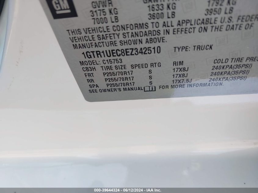 2014 GMC Sierra 1500 Sle VIN: 1GTR1UEC8EZ342510 Lot: 39644324