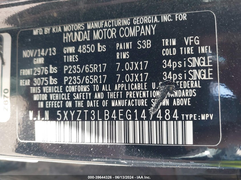 2014 Hyundai Santa Fe Sport 2.4L VIN: 5XYZT3LB4EG147484 Lot: 39644326