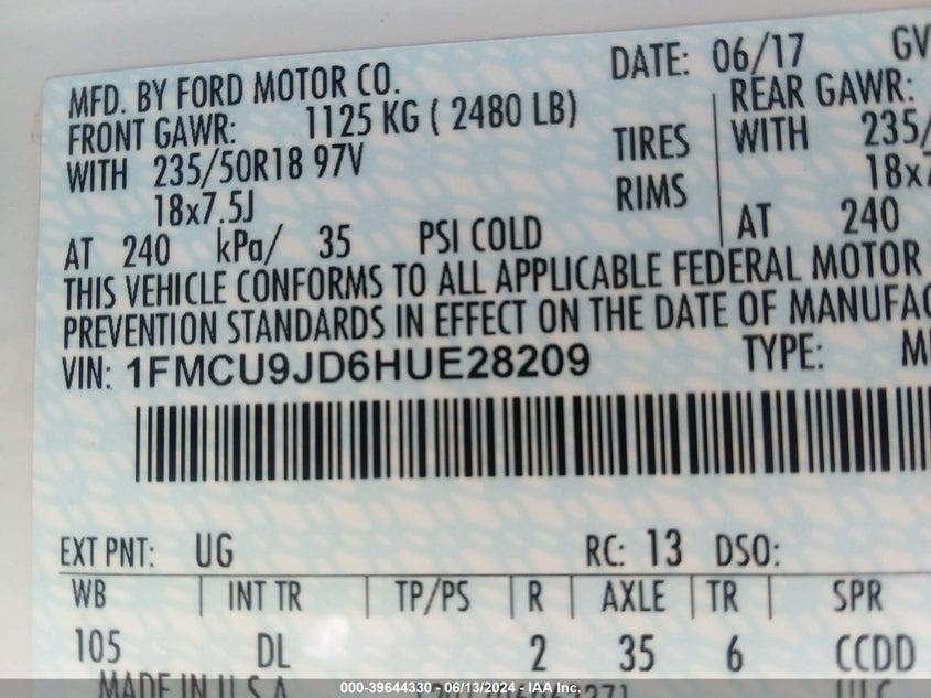 2017 Ford Escape Titanium VIN: 1FMCU9JD6HUE28209 Lot: 39644330