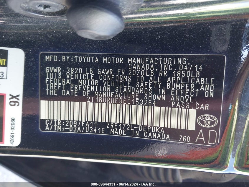 2014 Toyota Corolla L VIN: 2T1BURHE9EC153264 Lot: 39644331