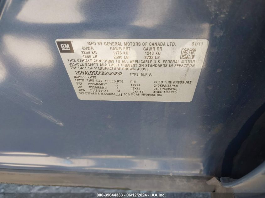 2011 Chevrolet Equinox 1Lt VIN: 2CNALDEC0B6353382 Lot: 39644333