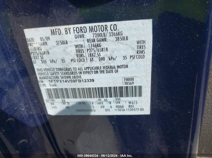 2009 Ford F-150 Fx4/Lariat/Xl/Xlt VIN: 1FTPX14V59FB12339 Lot: 39644334