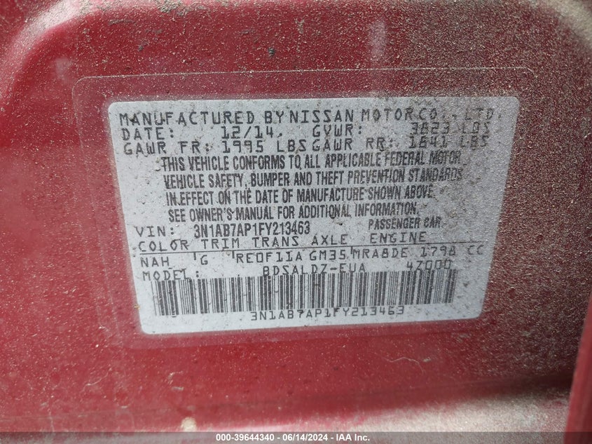 2015 Nissan Sentra Fe+ S/S/Sl/Sr/Sv VIN: 3N1AB7AP1FY213463 Lot: 39644340