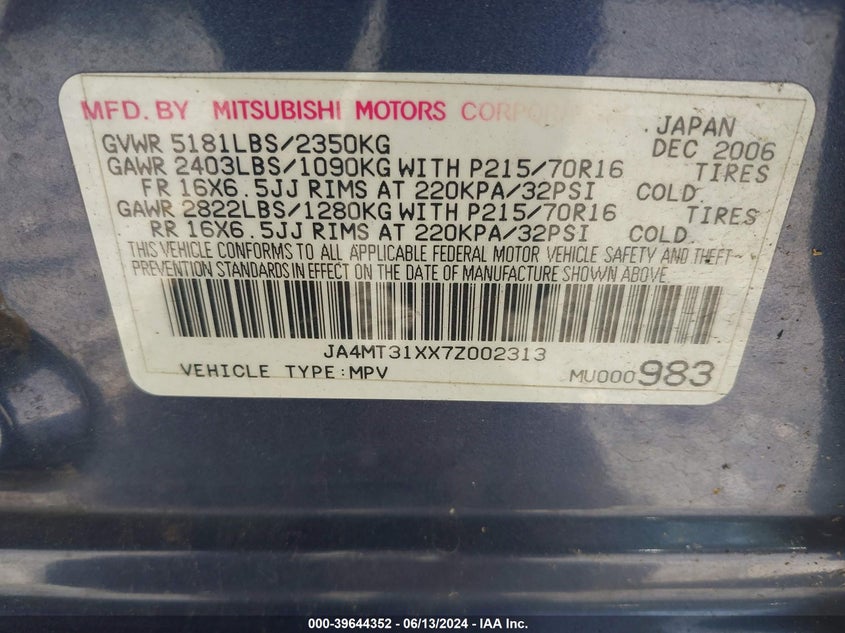 2007 Mitsubishi Outlander Ls VIN: JA4MT31XX7Z002313 Lot: 39644352