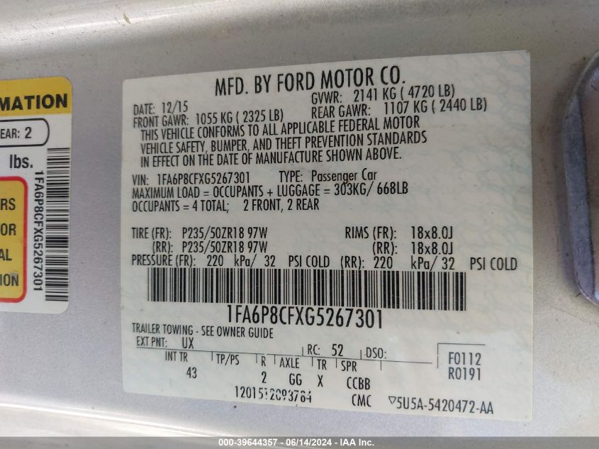 2016 Ford Mustang Gt Premium VIN: 1FA6P8CFXG5267301 Lot: 39644357