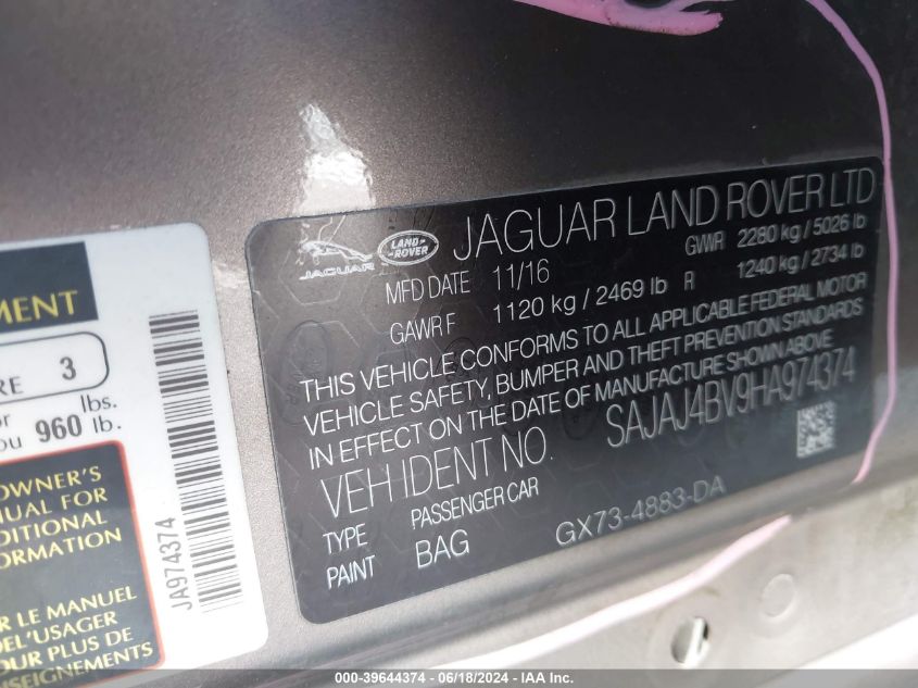 2017 Jaguar Xe 35T Premium VIN: SAJAJ4BV9HA974374 Lot: 39644374