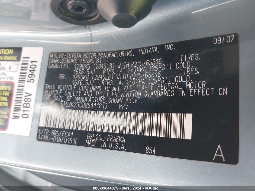 2008 Toyota Sienna Le VIN: 5TDZK23C88S111813 Lot: 39644375