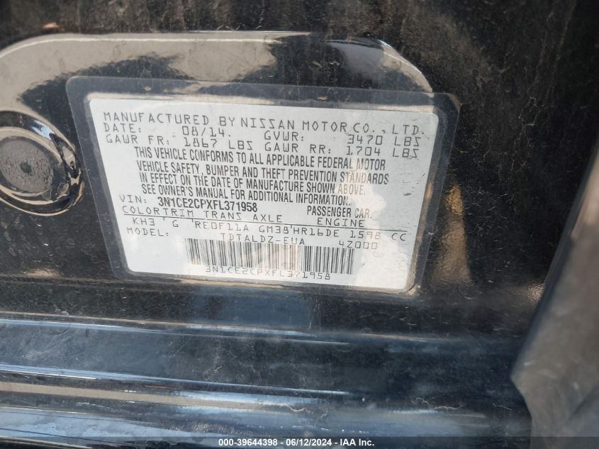 2015 Nissan Versa Note Sv VIN: 3N1CE2CPXFL371958 Lot: 39644398