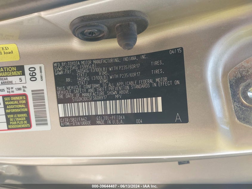 2015 Toyota Sienna L 7 Passenger VIN: 5TDZK3DC5FS608917 Lot: 39644487