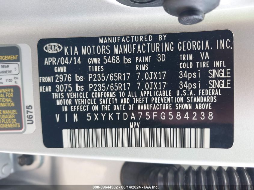 2015 KIA SORENTO LX V6 - 5XYKTDA75FG584238