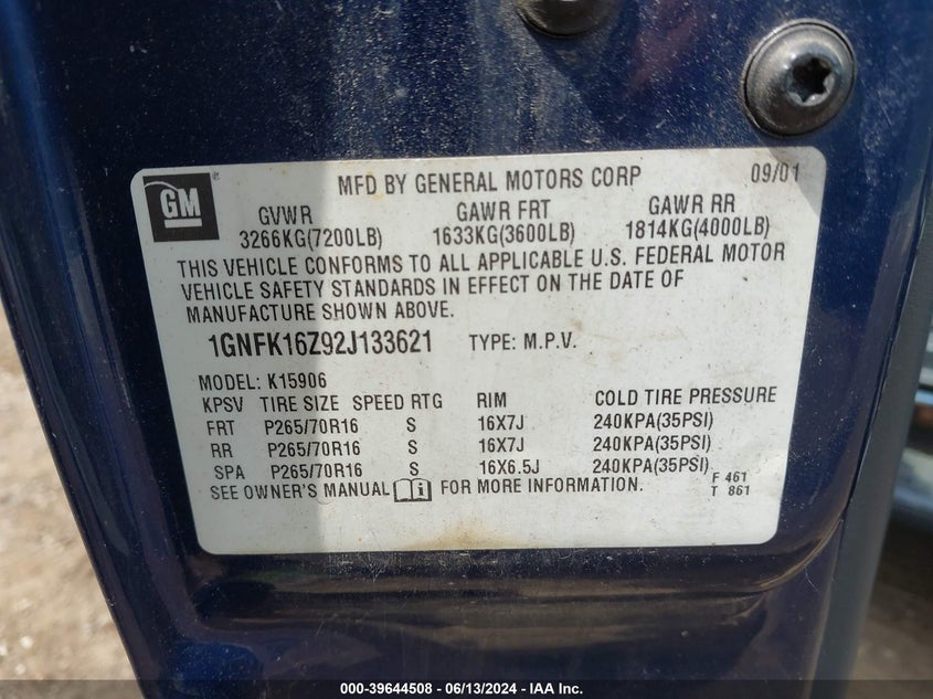 2002 Chevrolet Suburban 1500 Lt VIN: 1GNFK16Z92J133621 Lot: 39644508