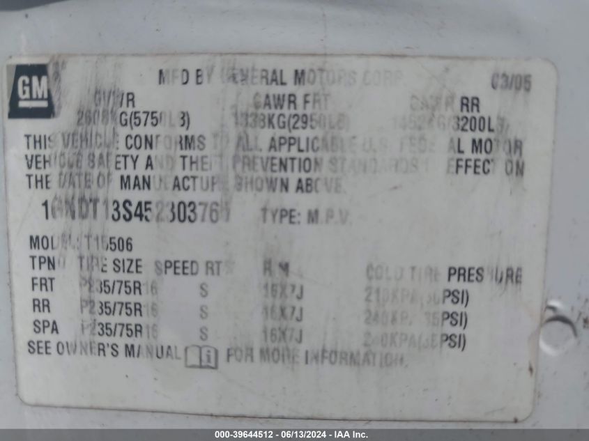 2005 Chevrolet Trailblazer Ls VIN: 1GNDT13S452303765 Lot: 39644512