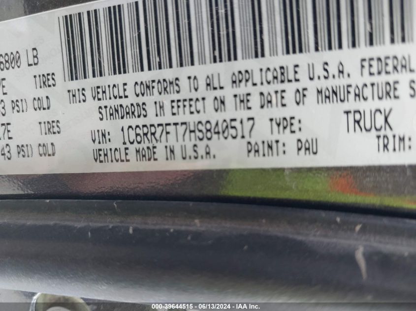 2017 Ram 1500 Tradesman Quad Cab 4X4 6'4 Box VIN: 1C6RR7FT7HS840517 Lot: 39644515
