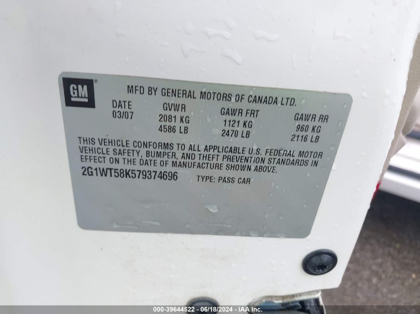 2007 Chevrolet Impala Lt VIN: 2G1WT58K579374696 Lot: 39644522