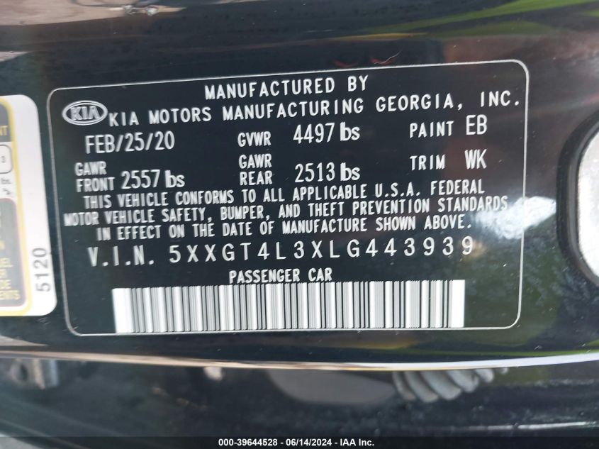 2020 Kia Optima Lx VIN: 5XXGT4L3XLG443939 Lot: 39644528