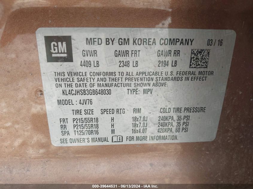 2016 Buick Encore Premium VIN: KL4CJHSB3GB648030 Lot: 39644531