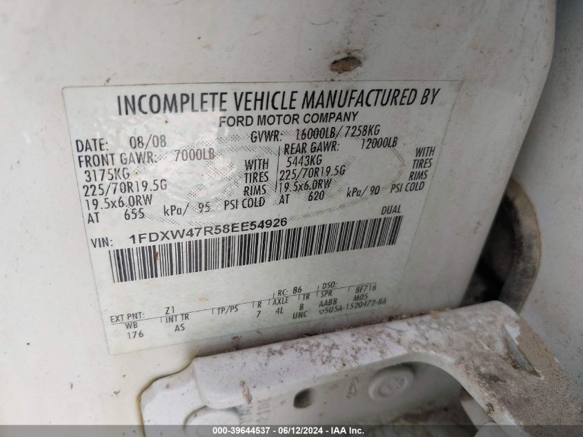 2008 Ford F-450 Chassis Lariat/Xl/Xlt VIN: 1FDXW47R58EE54926 Lot: 39644537