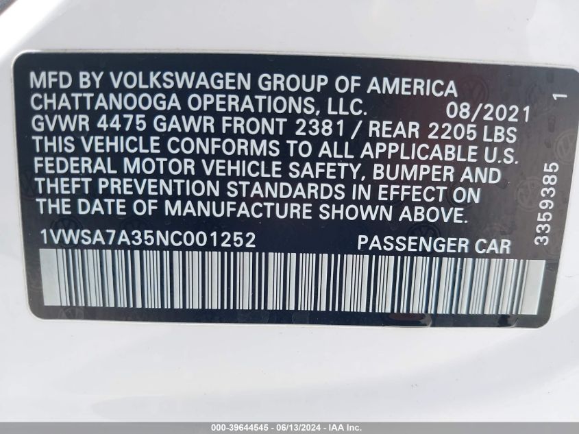 2022 VOLKSWAGEN PASSAT 2.0T SE - 1VWSA7A35NC001252