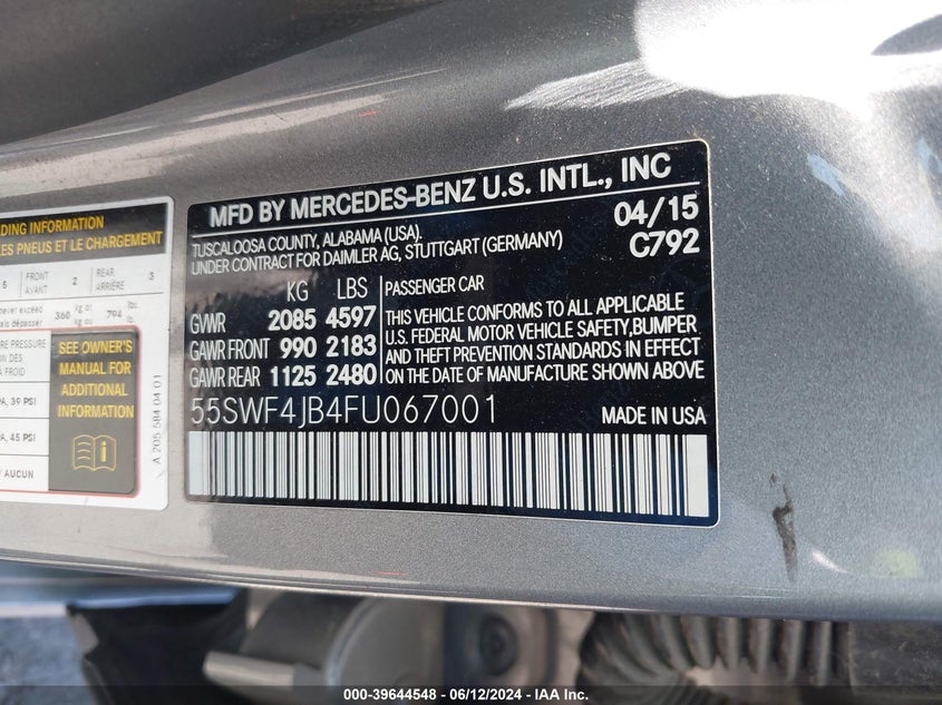 2015 Mercedes-Benz C 300 Luxury/Sport VIN: 55SWF4JB4FU067001 Lot: 39644548