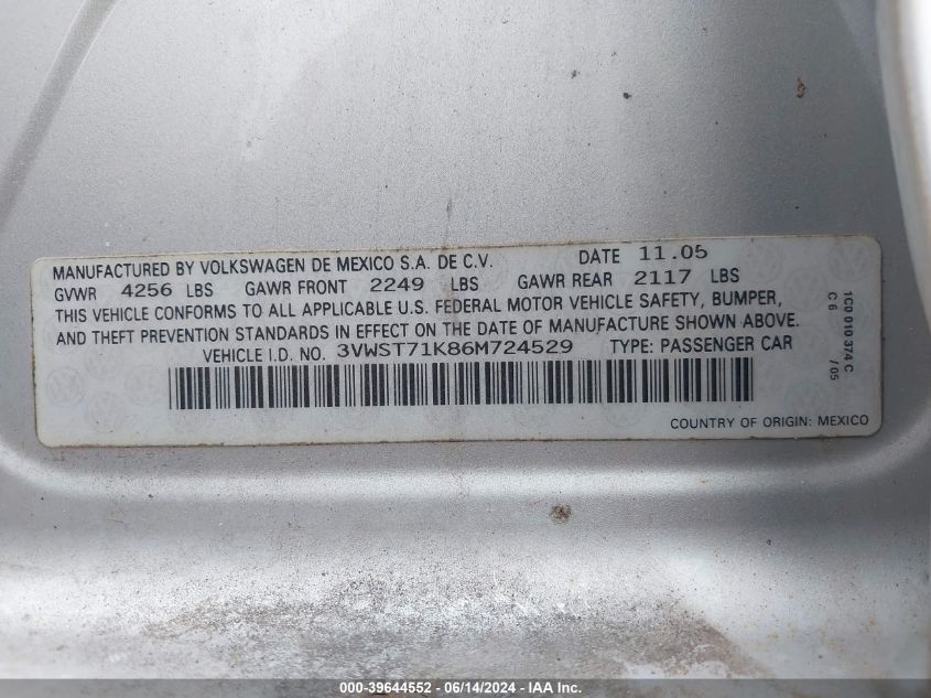 2006 Volkswagen Jetta Tdi VIN: 3VWST71K86M724529 Lot: 39644552