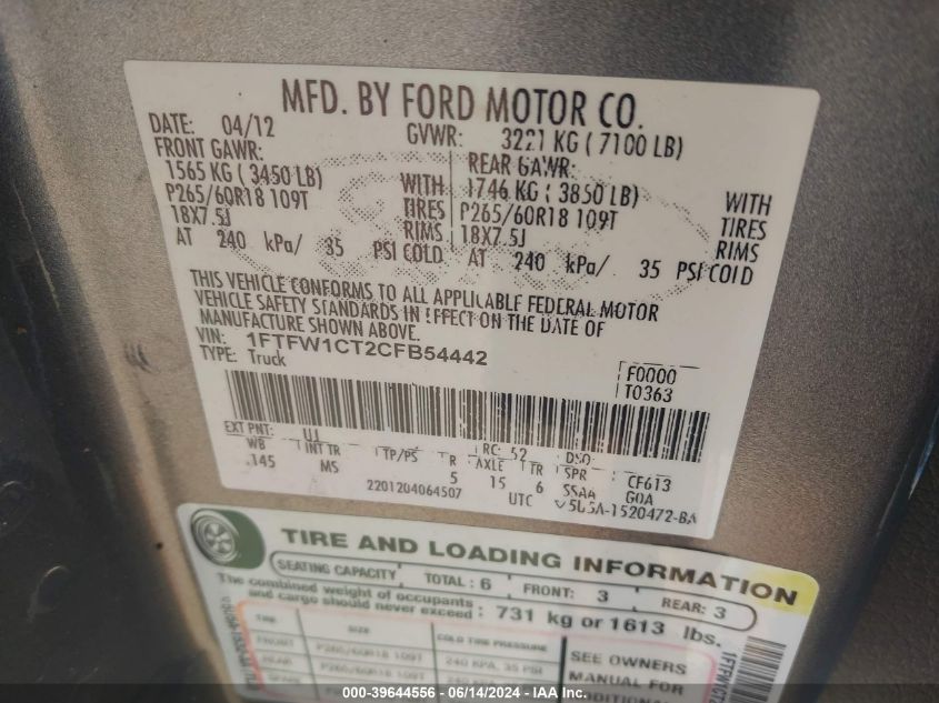 2012 Ford F-150 Xlt VIN: 1FTFW1CT2CFB54442 Lot: 39644556
