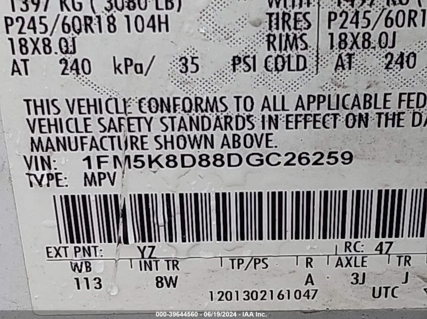 2013 Ford Explorer Xlt 4Wd Xlt VIN: 1FM5K8D88DGC26259 Lot: 39644560