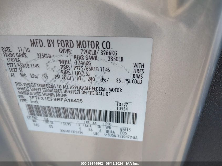 2011 Ford F-150 Xlt VIN: 1FTFX1EF9BFA18425 Lot: 39644562