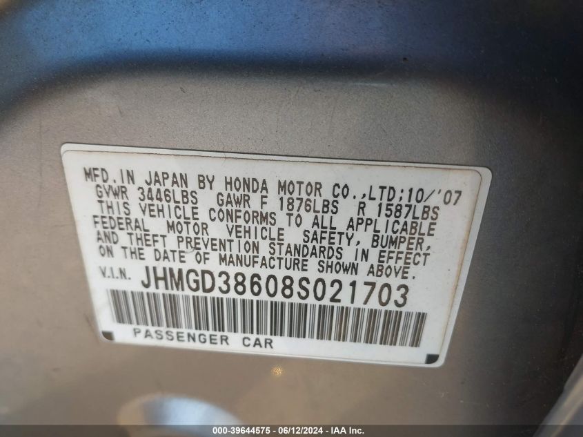 JHMGD38608S021703 | 2008 HONDA FIT