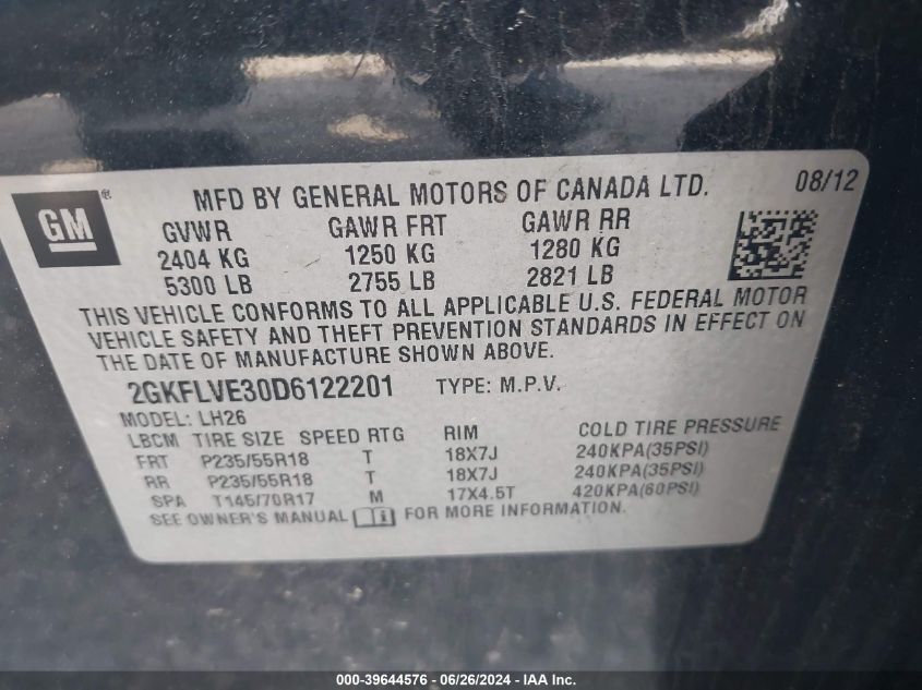 2013 GMC Terrain Slt-1 VIN: 2GKFLVE30D6122201 Lot: 39644576