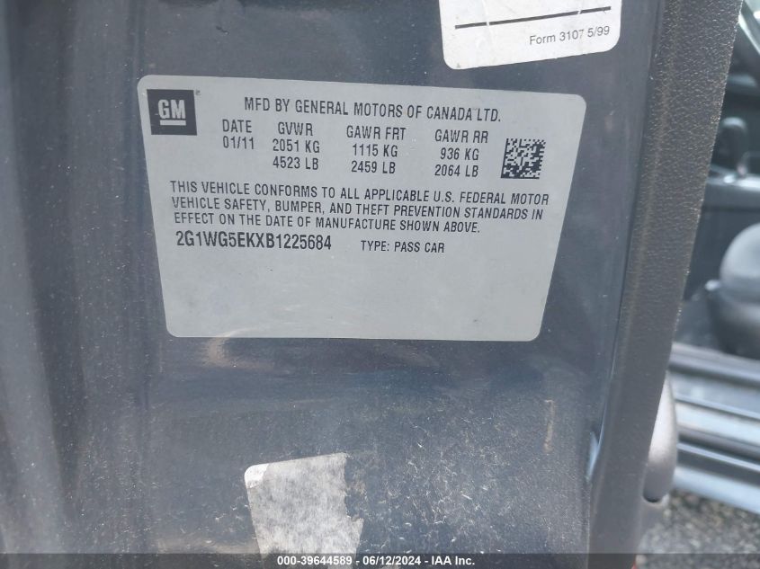 2011 Chevrolet Impala Lt VIN: 2G1WG5EKXB1225684 Lot: 39644589