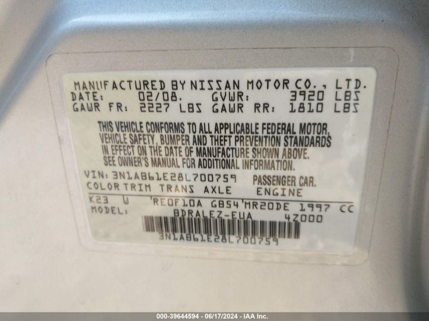 2008 Nissan Sentra 2.0S VIN: 3N1AB61E28L700759 Lot: 39644594